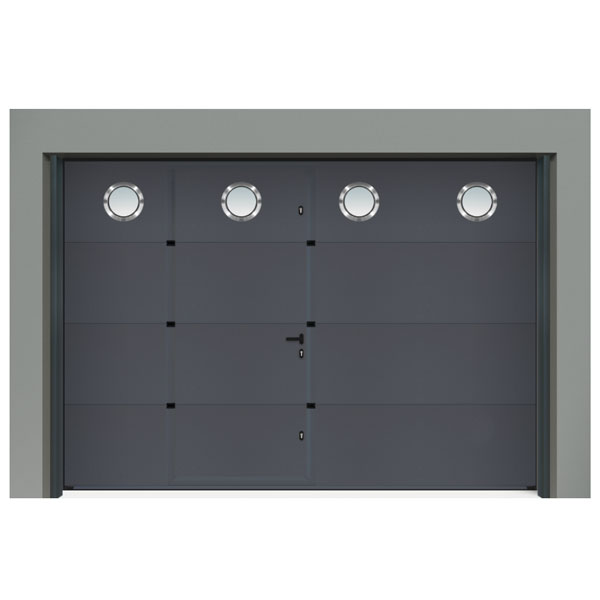 Porte de garage sectionnelle lisse grise avec portillon + hublot Dektockage