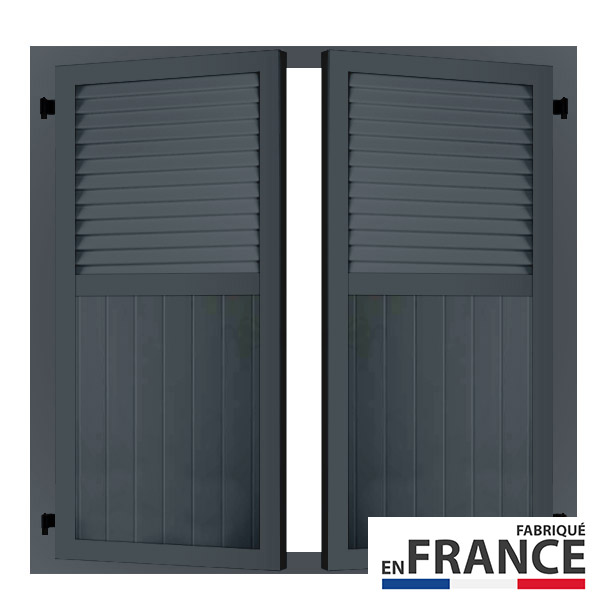 Volet battant aluminium 2 vantaux mixtes faux persiennés avec précadre